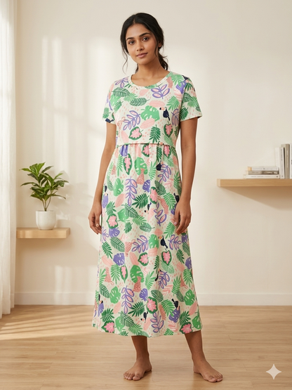 White Tropical Animal & Leaf Print Maternity Feeding Maxi