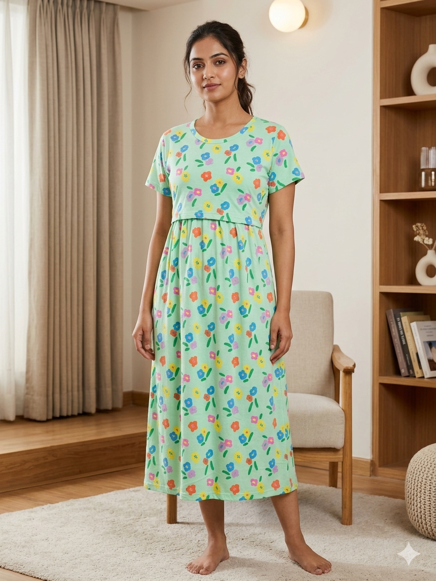 Green Floral Print Maternity Feeding Maxi