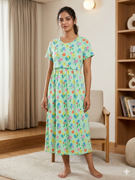Green Floral Print Maternity Feeding Maxi
