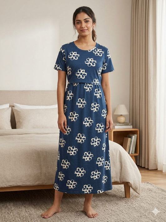 Navy Blue White Floral Print Maternity Feeding Maxi