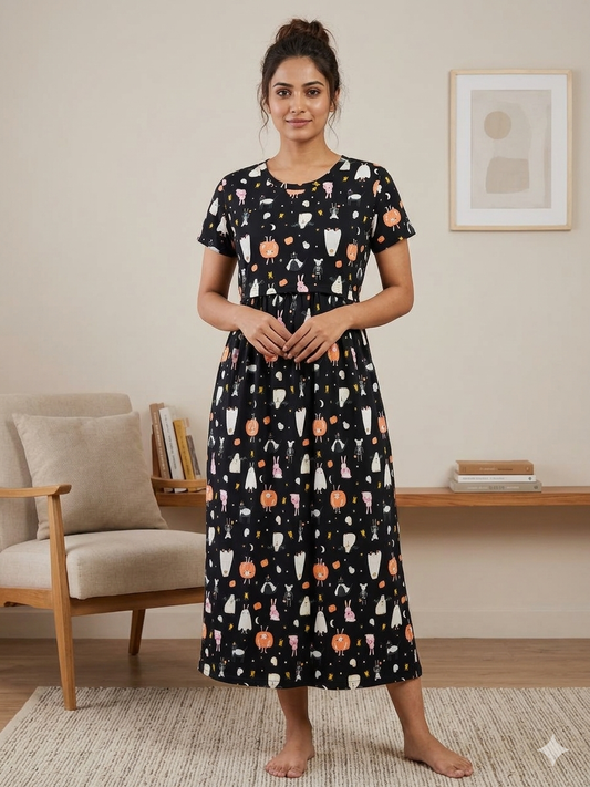 Black Halloween Print Maternity Feeding Maxi