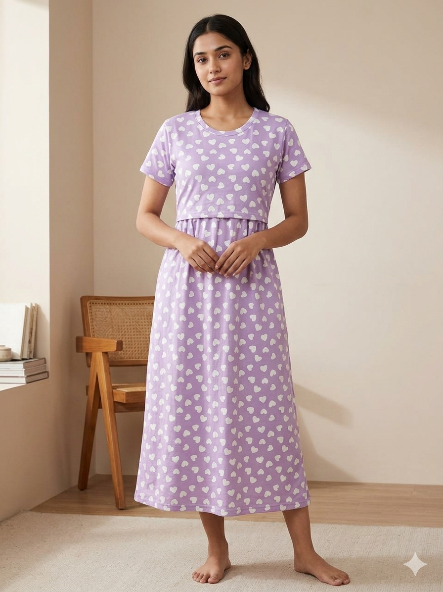 Lavender White Heart Print Maternity Feeding Maxi