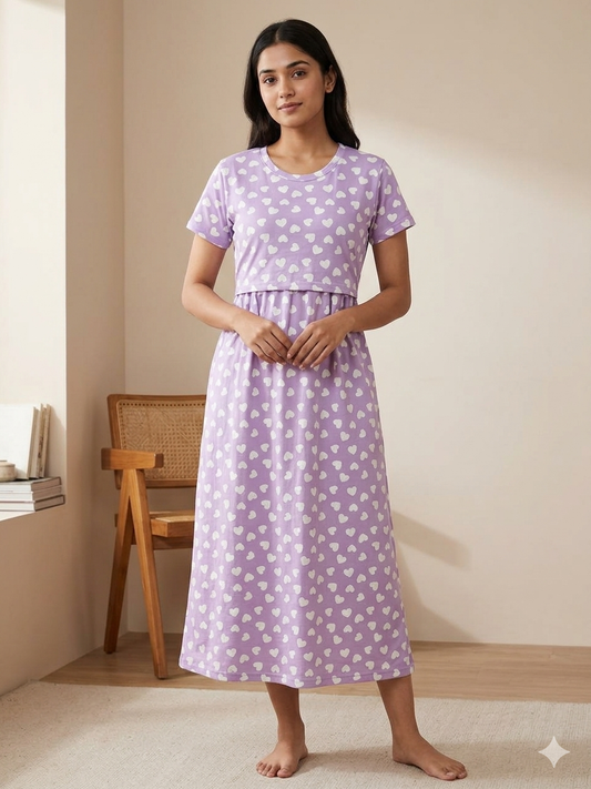 Lavender White Heart Print Maternity Feeding Maxi