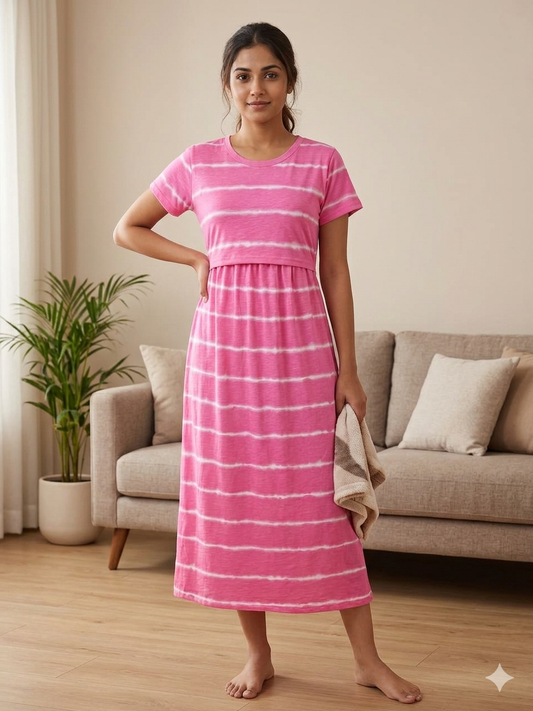 Pink Tie-Dye Print Maternity Feeding Maxi