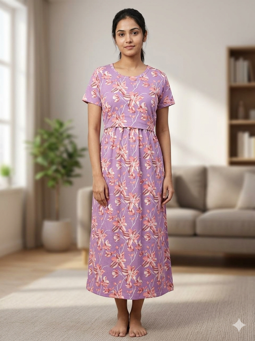 Purple Floral Print Maternity Feeding Maxi