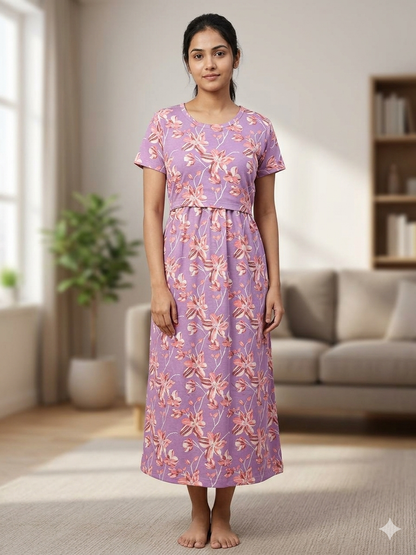 Purple Floral Print Maternity Feeding Maxi