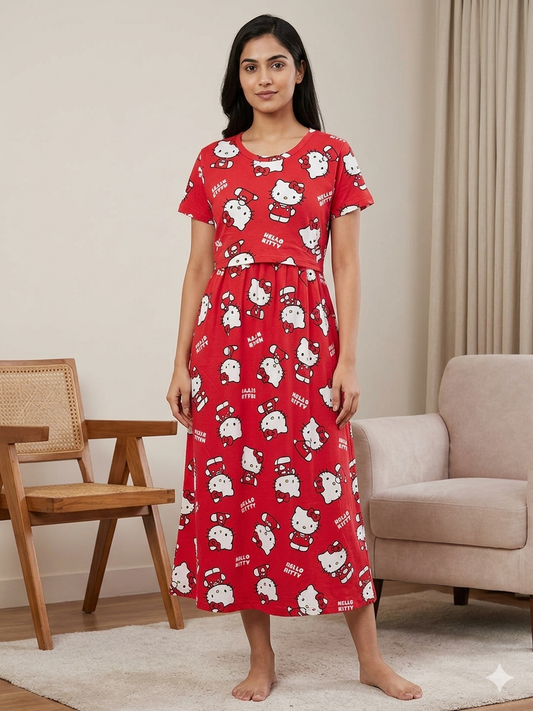 Pink Hello Kitty Print Maternity Feeding Maxi