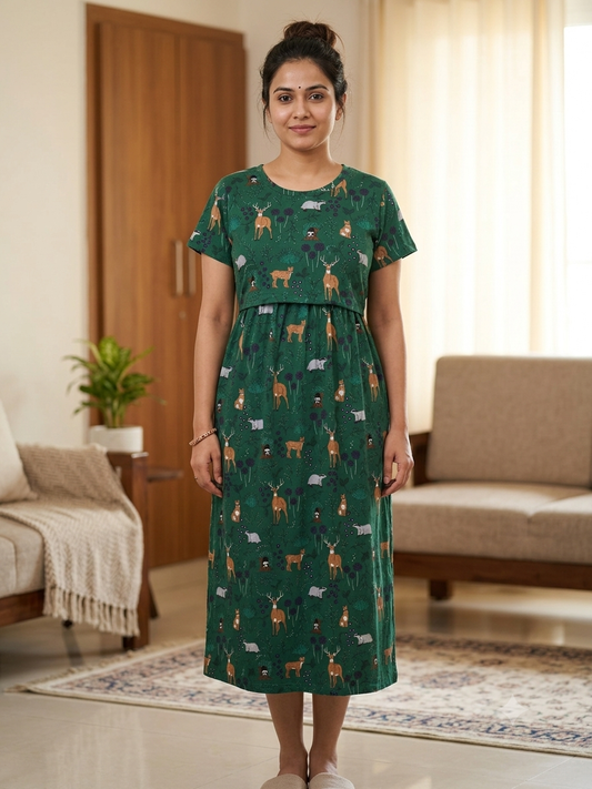 Green Forest Animal Print Maternity Feeding Maxi