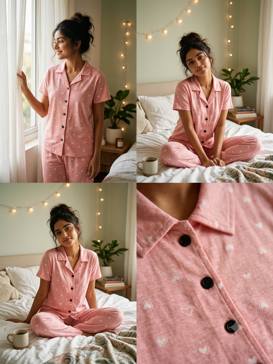 Pink Heart Print Night Suit Sets