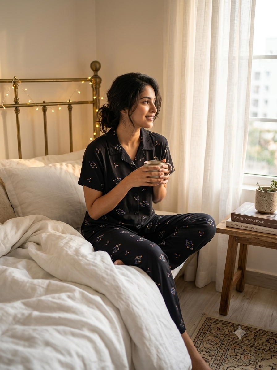Black Geometric Print Night Suit Sets