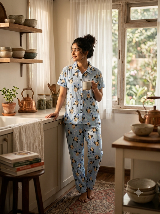 Blue Mickey Mouse Print Night Suit Sets