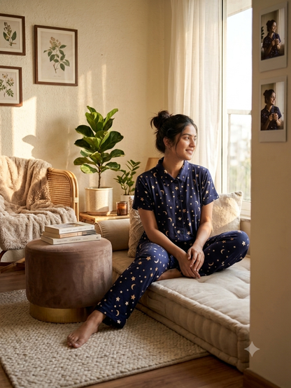Navy Moon & Stars Print Night Suit Sets