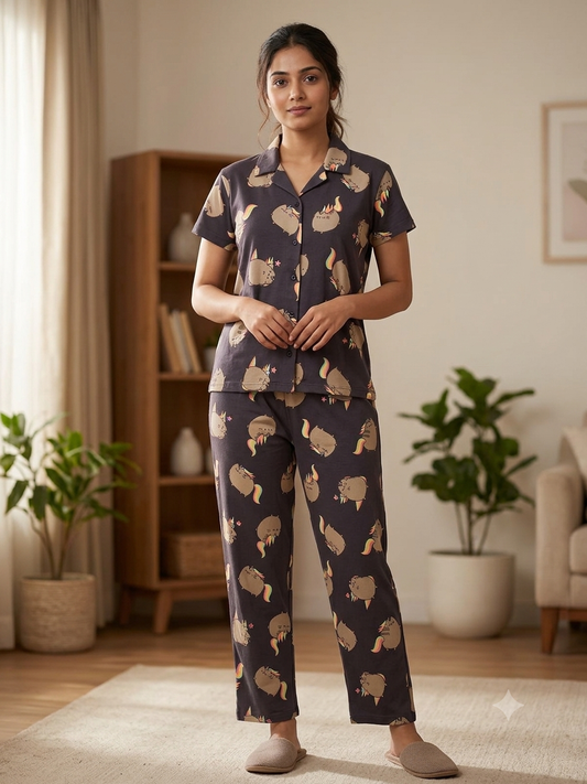 Charcoal Unicorn Cat Print Night Suit Sets