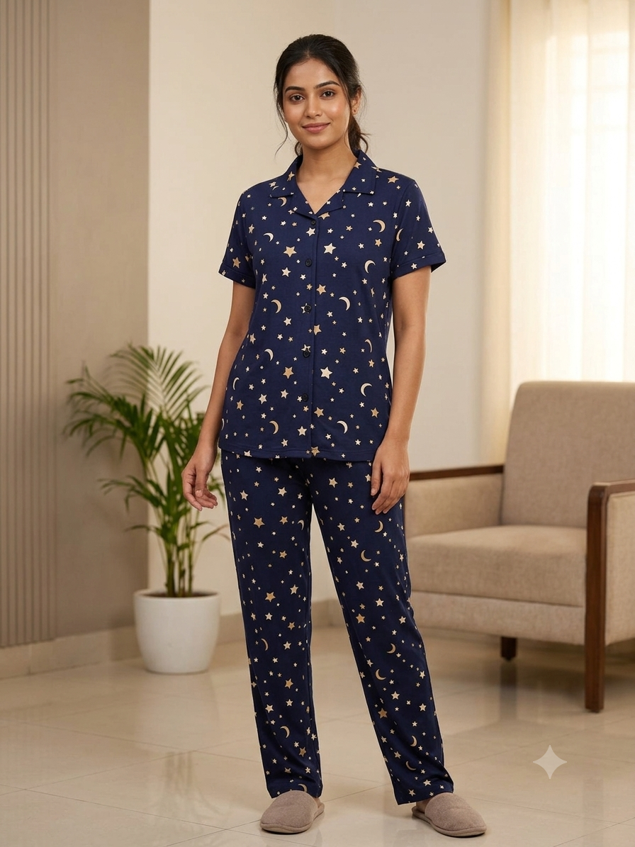 Navy Moon & Stars Print Night Suit Sets