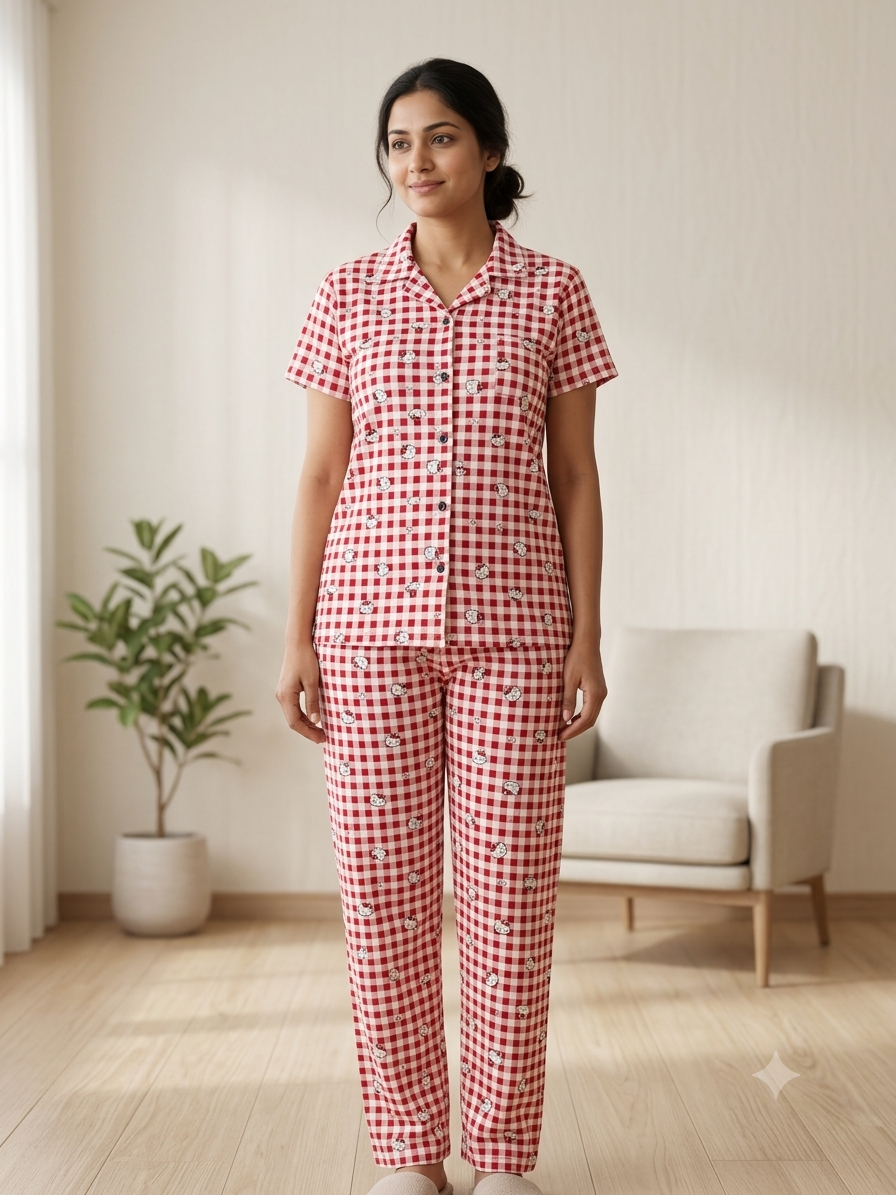 Pink Hello Kitty Checks Print Night Suit Sets