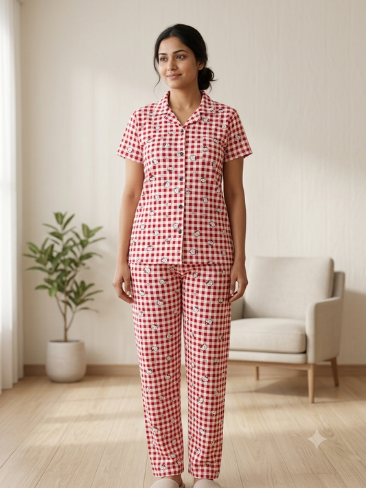 Pink Hello Kitty Checks Print Night Suit Sets