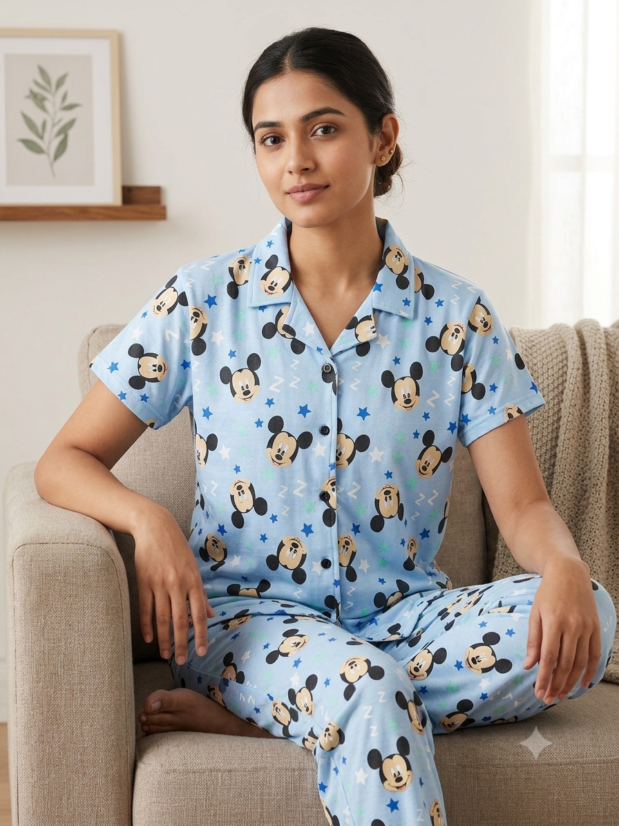 Blue Mickey Mouse Print Night Suit Sets
