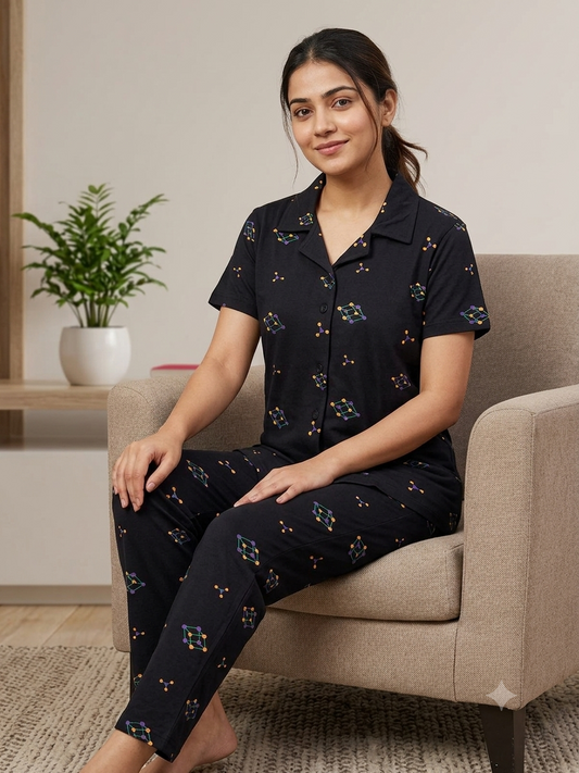 Black Geometric Print Night Suit Sets