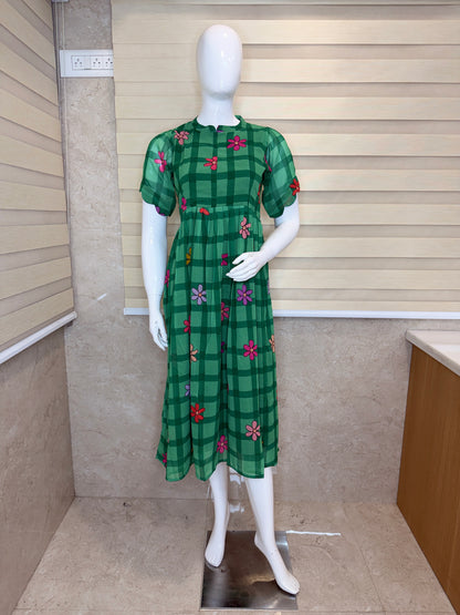 Green with Floral Checks Printed Georgette Center Zip Maxi