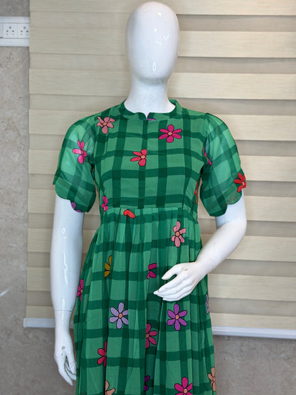 Green with Floral Checks Printed Georgette Center Zip Maxi
