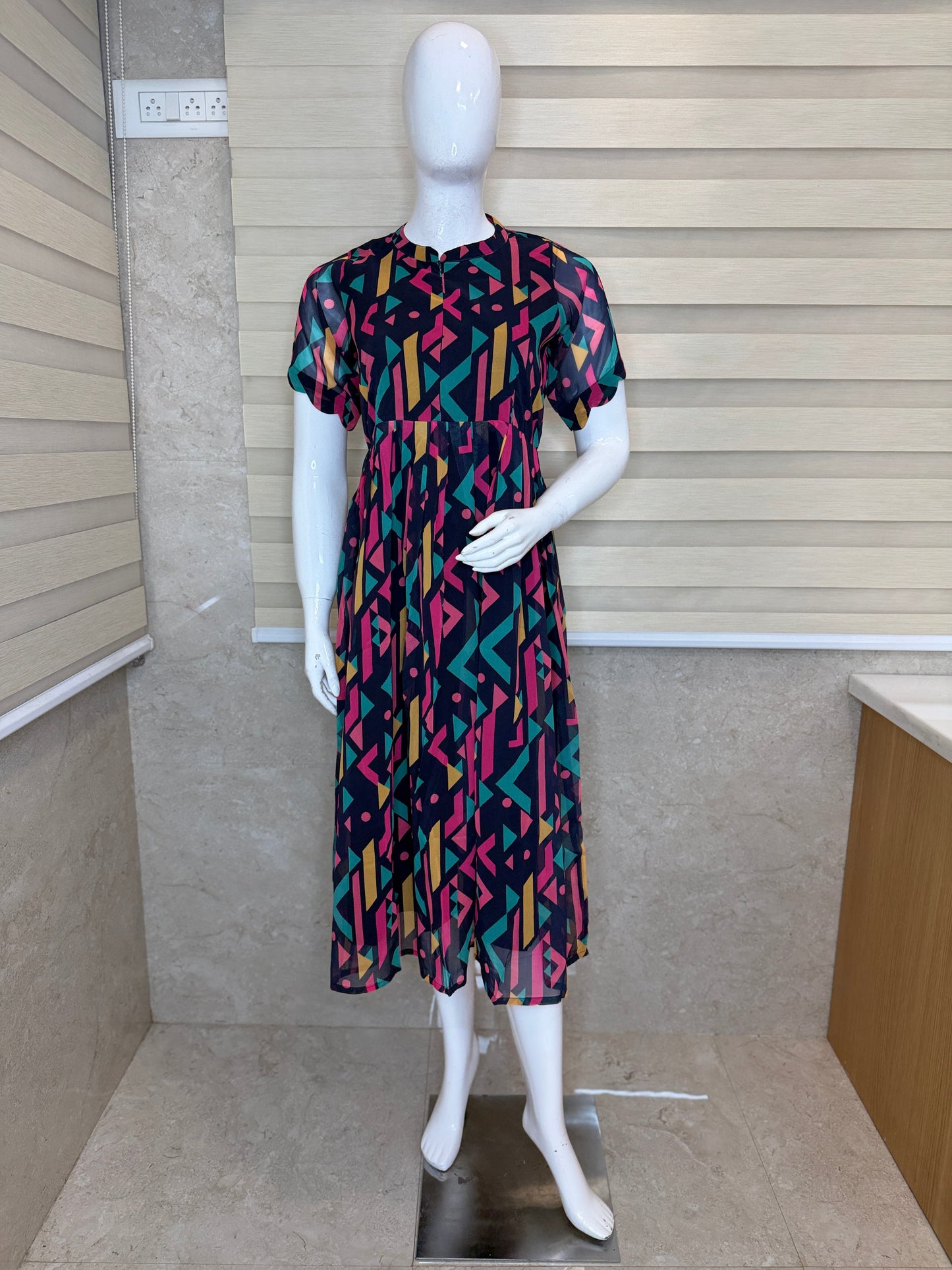 Navy Blue with Geometric Printed Georgette Center Zip Maxi