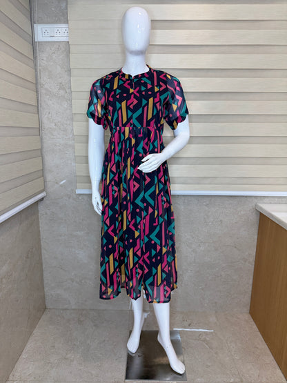 Navy Blue with Geometric Printed Georgette Center Zip Maxi