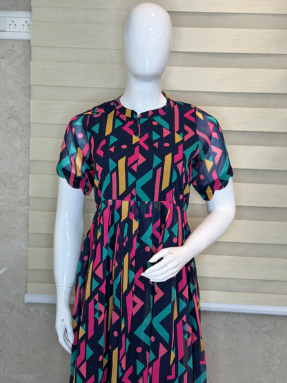 Navy Blue with Geometric Printed Georgette Center Zip Maxi