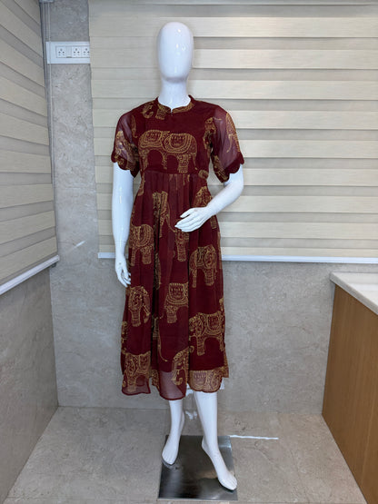 Brown with Kalamkari Elephant Printed Georgette Center Zip Maxi