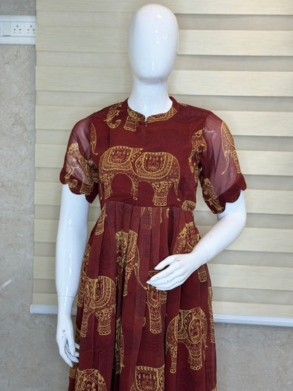 Brown with Kalamkari Elephant Printed Georgette Center Zip Maxi