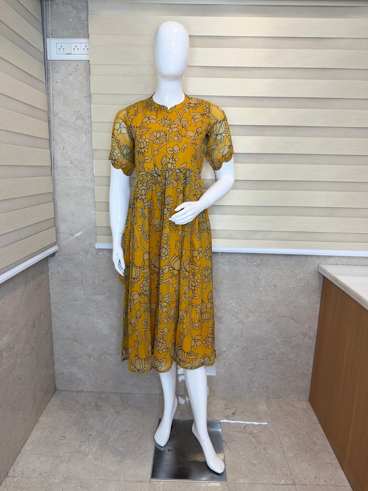 Yellow with Floral Printed Georgette Center Zip Maxi