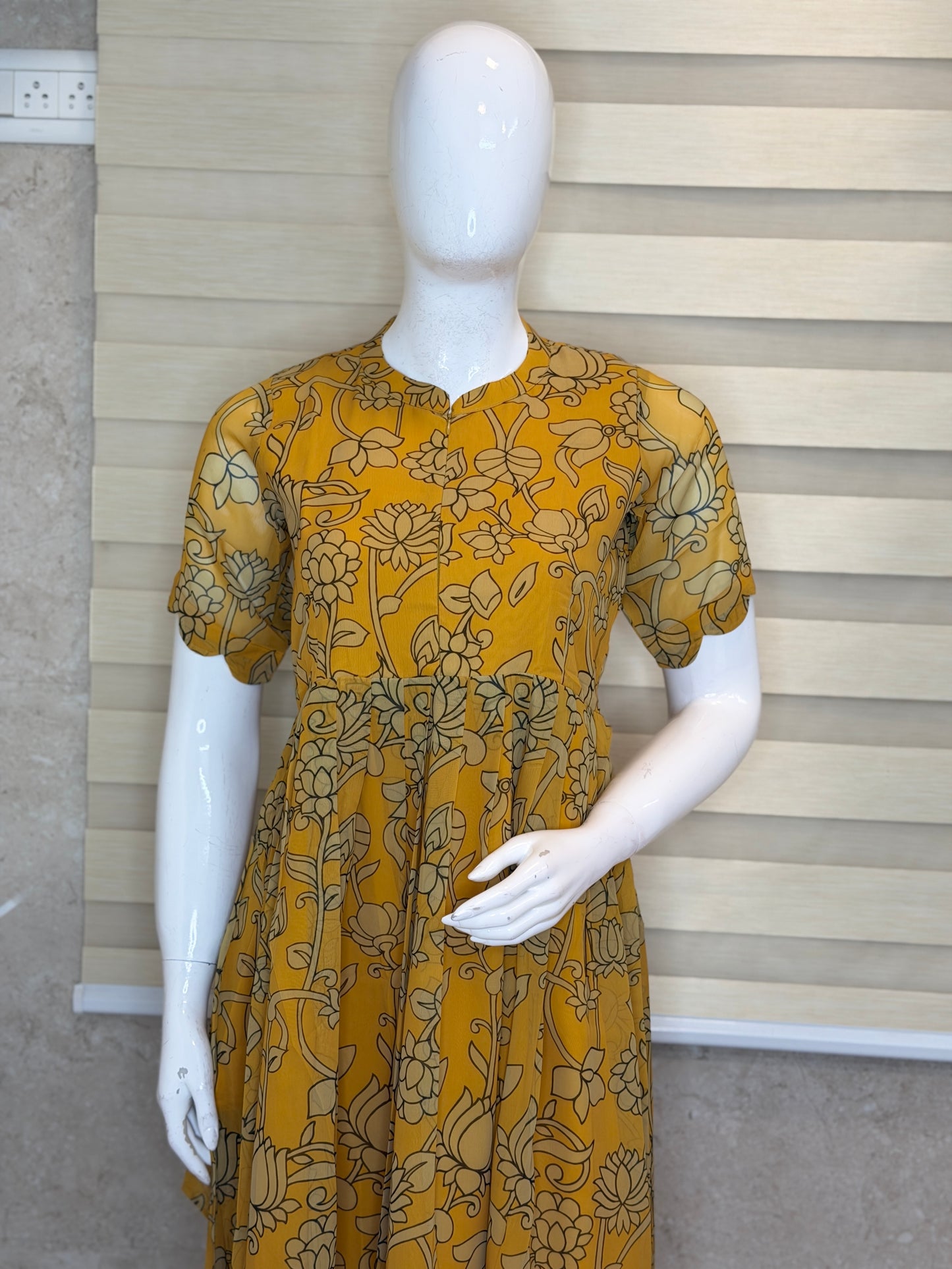 Yellow with Floral Printed Georgette Center Zip Maxi