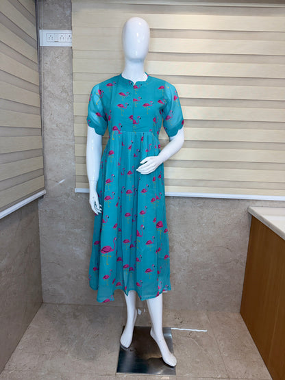 Aqua with Pink Flamingo Printed Georgette Center Zip Maxi