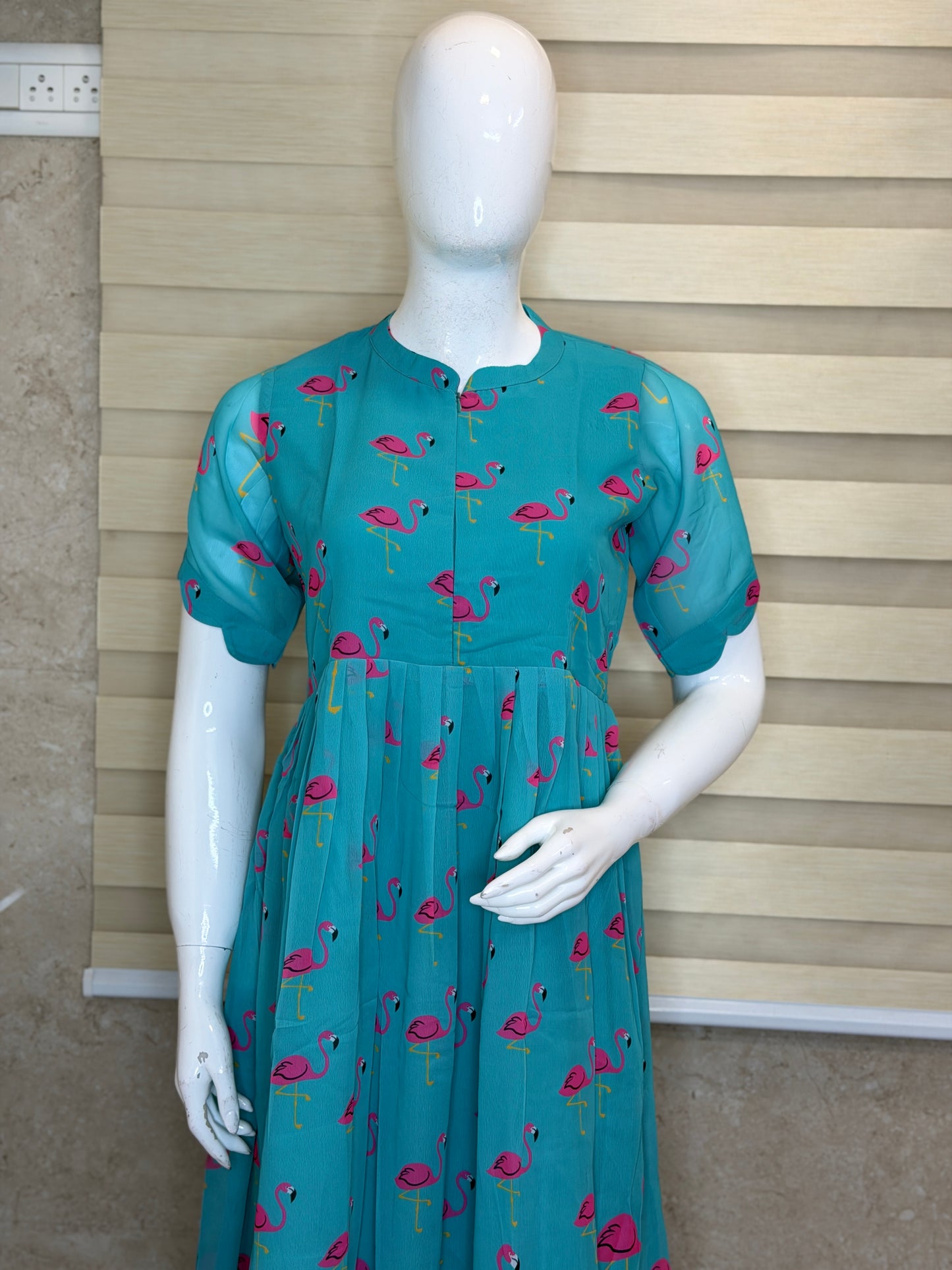 Aqua with Pink Flamingo Printed Georgette Center Zip Maxi