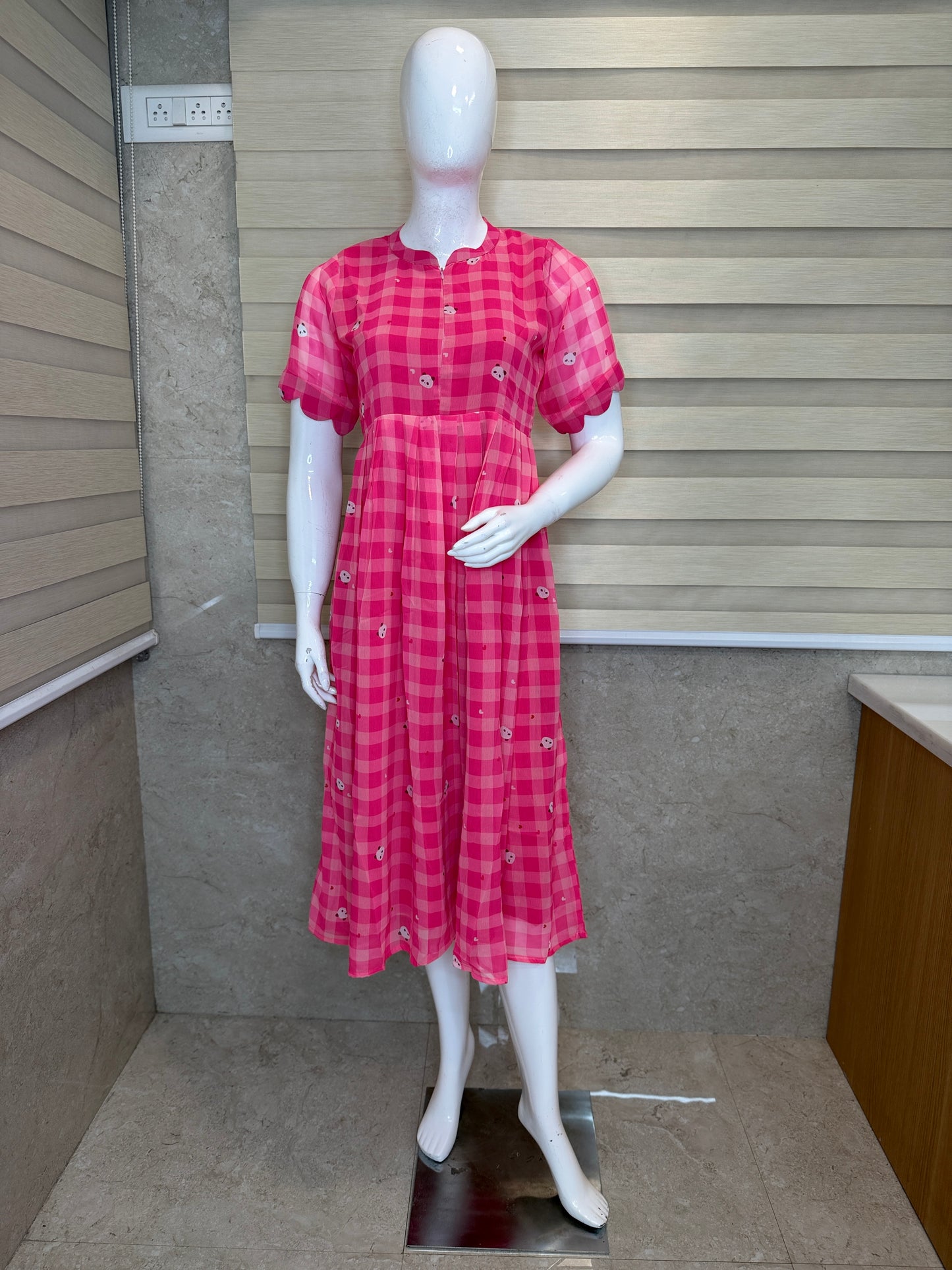 Light Pink with Gingham Style Panda's Printed Georgette Center Zip Maxi