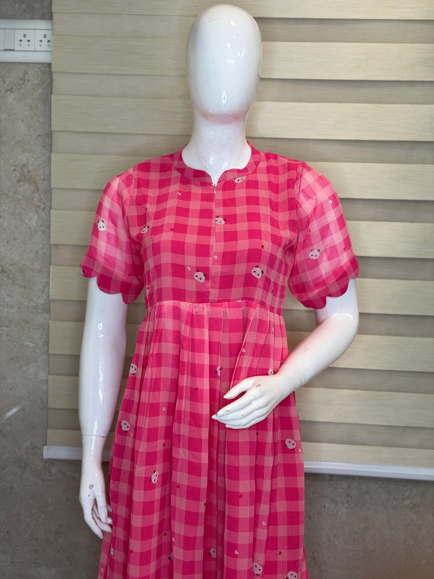 Light Pink with Gingham Style Panda's Printed Georgette Center Zip Maxi