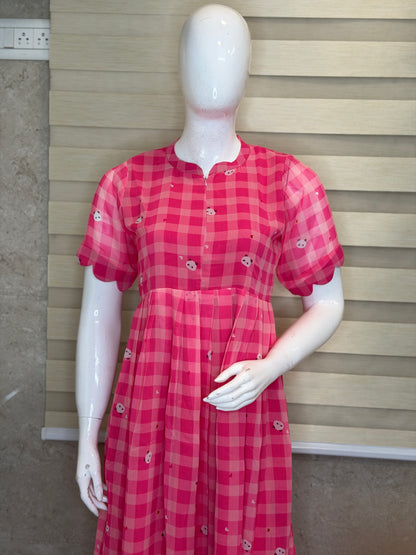 Light Pink with Gingham Style Panda's Printed Georgette Center Zip Maxi