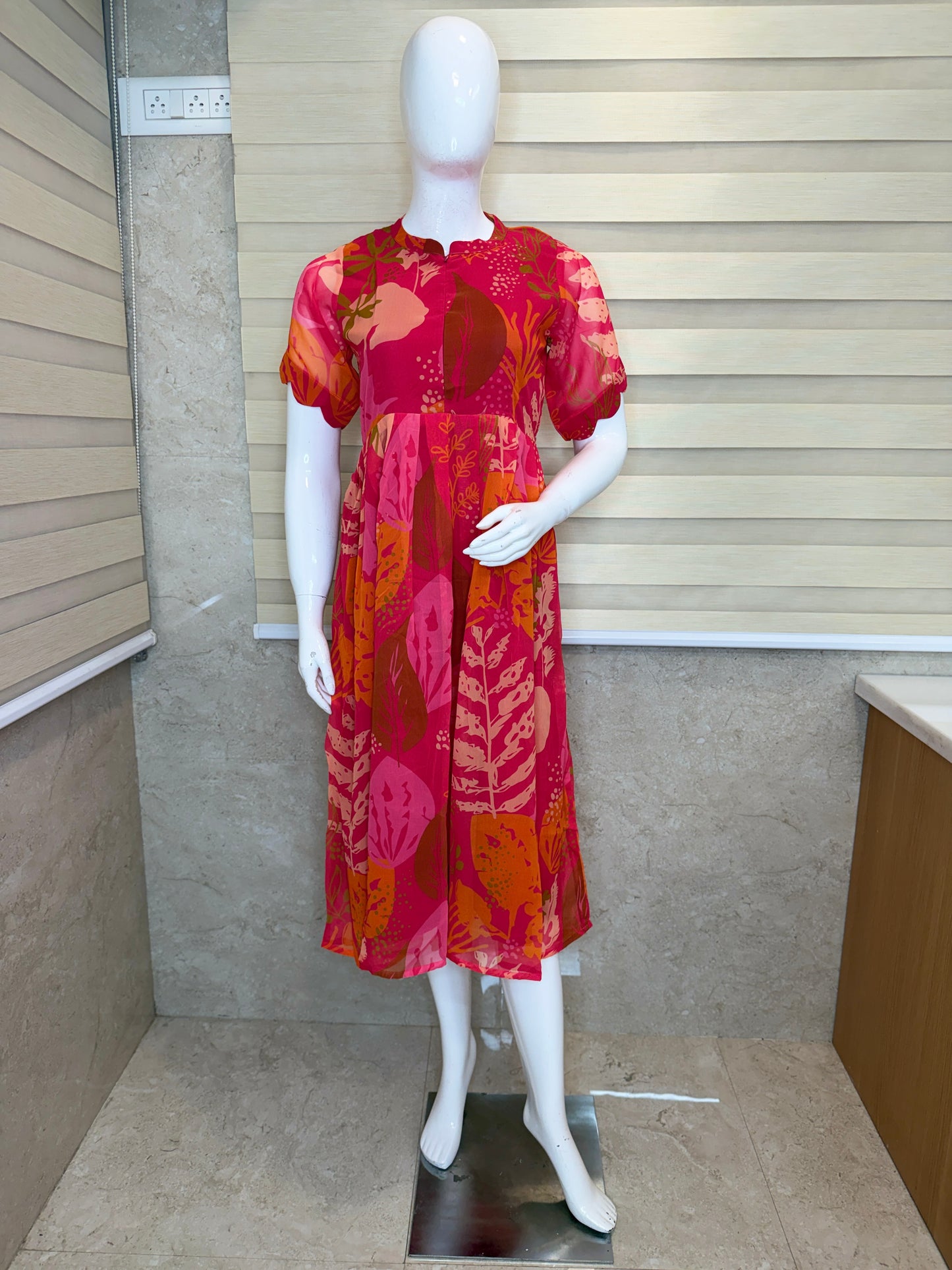 Pink with Floral and Leafy Printed Georgette Center Zip Maxi