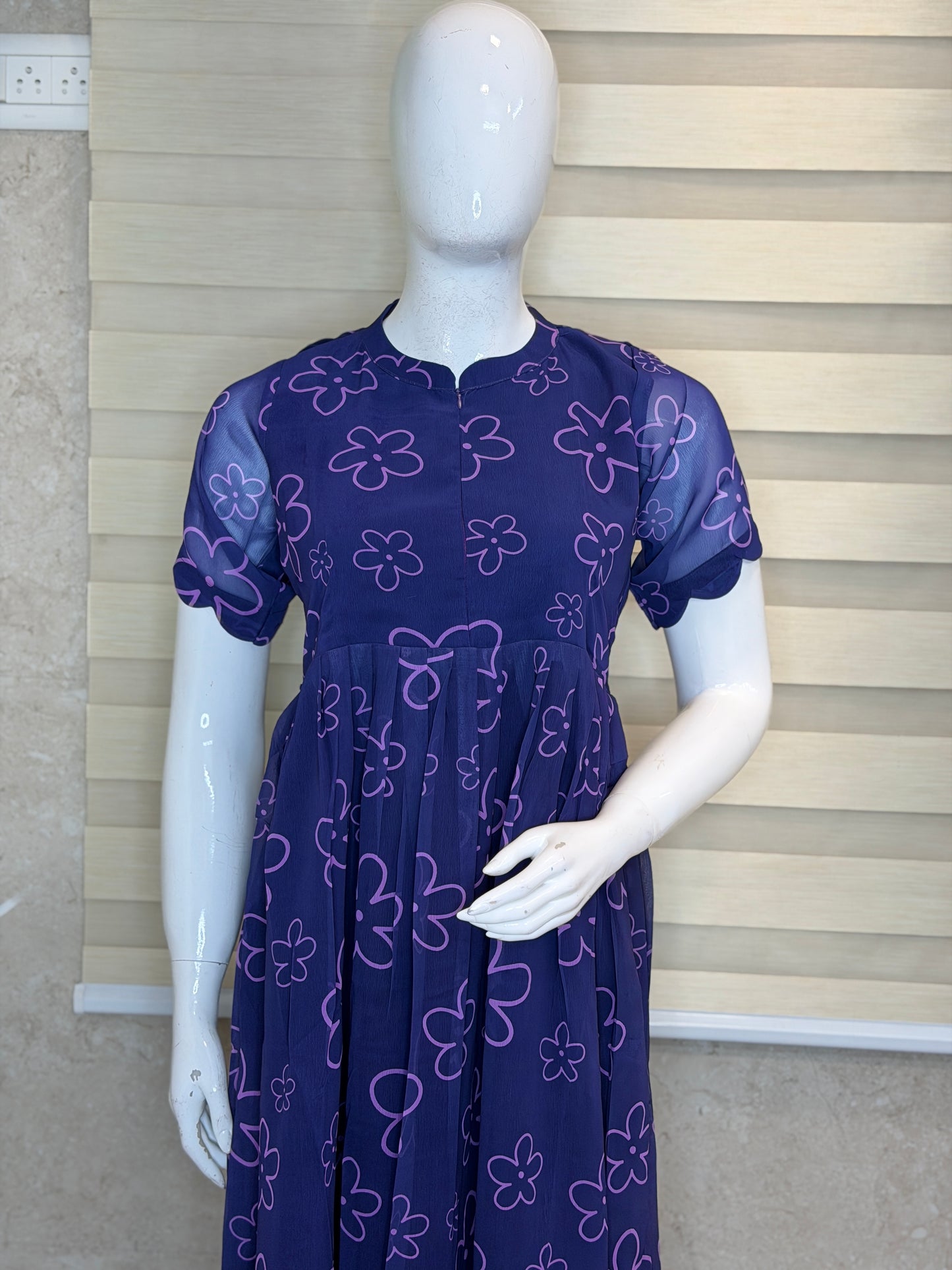 Navy Blue with Floral Printed Georgette Center Zip Maxi