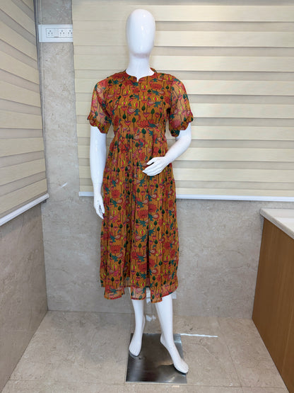 Mustard Yellow with Kalamkari Printed Georgette Center Zip Maxi