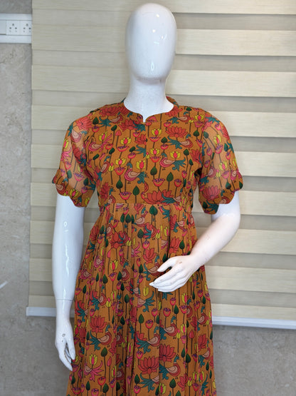 Mustard Yellow with Kalamkari Printed Georgette Center Zip Maxi