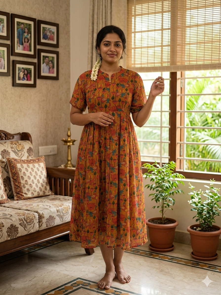 Mustard Yellow with Kalamkari Printed Georgette Center Zip Maxi
