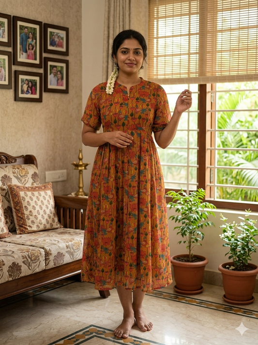 Mustard Yellow with Kalamkari Printed Georgette Center Zip Maxi