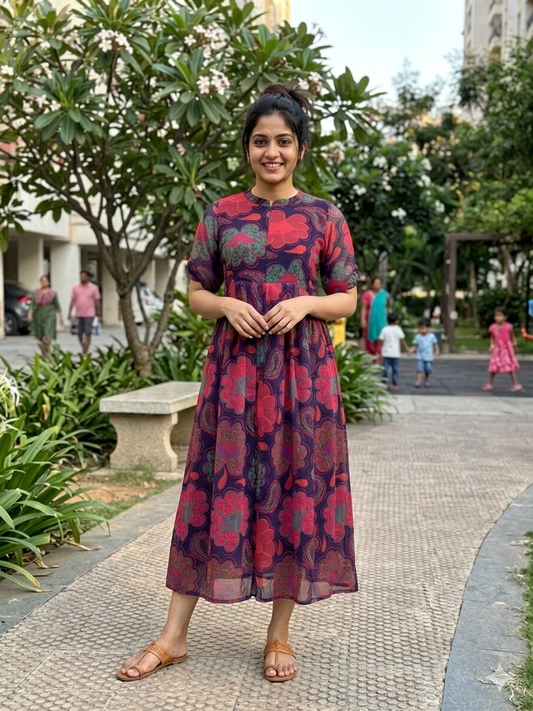 Vibrant Multicolor Floral Printed Georgette Center Zip Maxi
