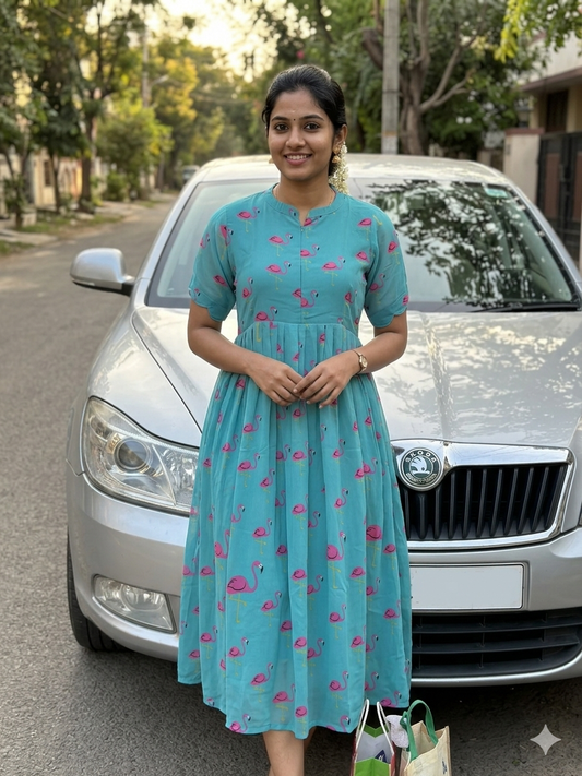 Aqua with Pink Flamingo Printed Georgette Center Zip Maxi