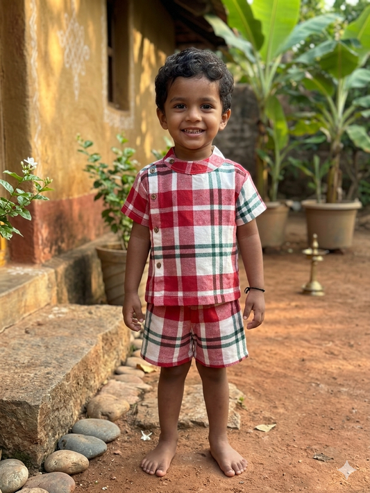 Red Checkered Kids Outdoor Shirt & Shorts Coords