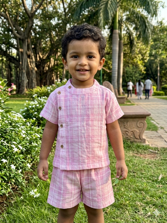 Pink Checkered Kids Outdoor Shirt & Shorts Coords