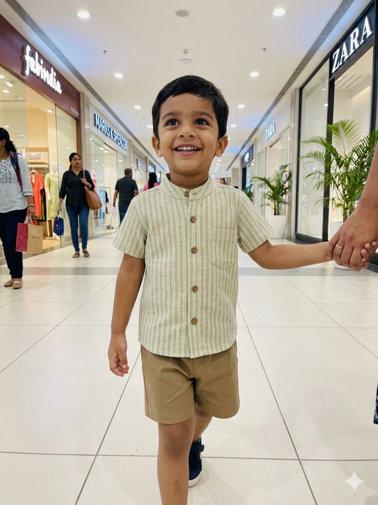 Brown Striped Kids Outdoor Shirt & Shorts Coords