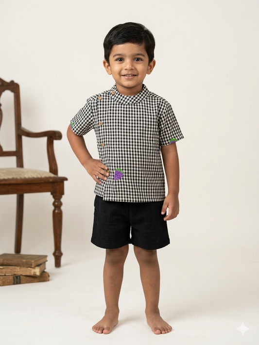 Black Checks Kids Outdoor Shirt & Shorts Coords