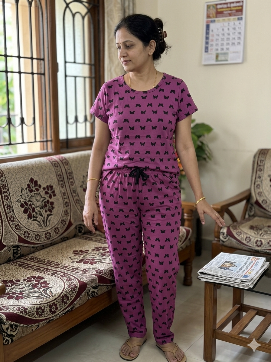 Dark Pink with Black Butterfly Printed T-shirt with Combo Pant Set