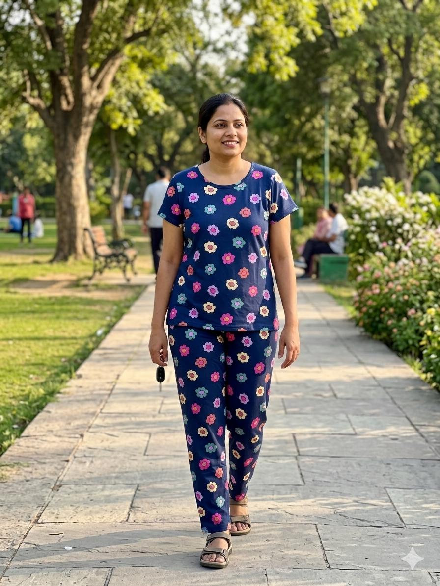 Navy Blue with Multicolor Floral Printed T-shirt with Combo Pant Set